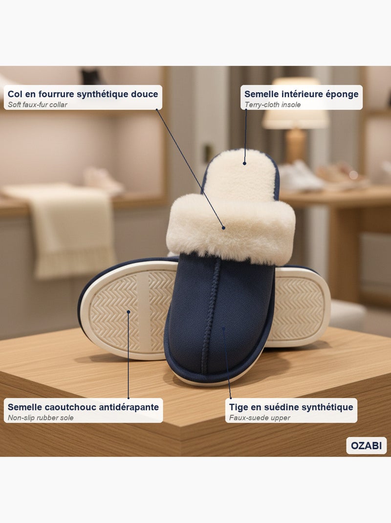 Ozabi pantoufles ouvertes femme, suédine synthétique, col fourrure Bleu marine - Kiabi
