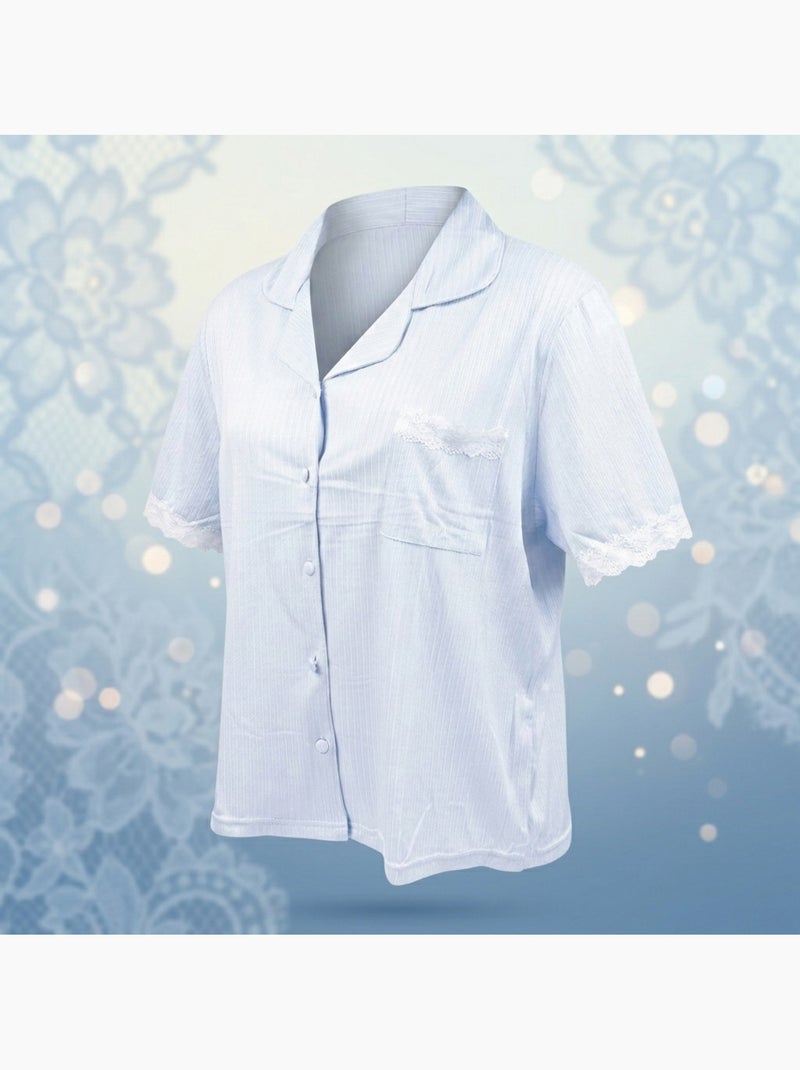 OZABI Pyjama Femme Long Boutonné Dentelle Tissu Ultra Léger Bleu - Kiabi