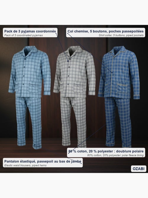 Ozabi pyjama homme boutonné pack de 3, coton doublé polaire, manches longues - Kiabi Ozabi pyjama homme boutonné pack de 3, coton doublé polaire, manches longues - Kiabi