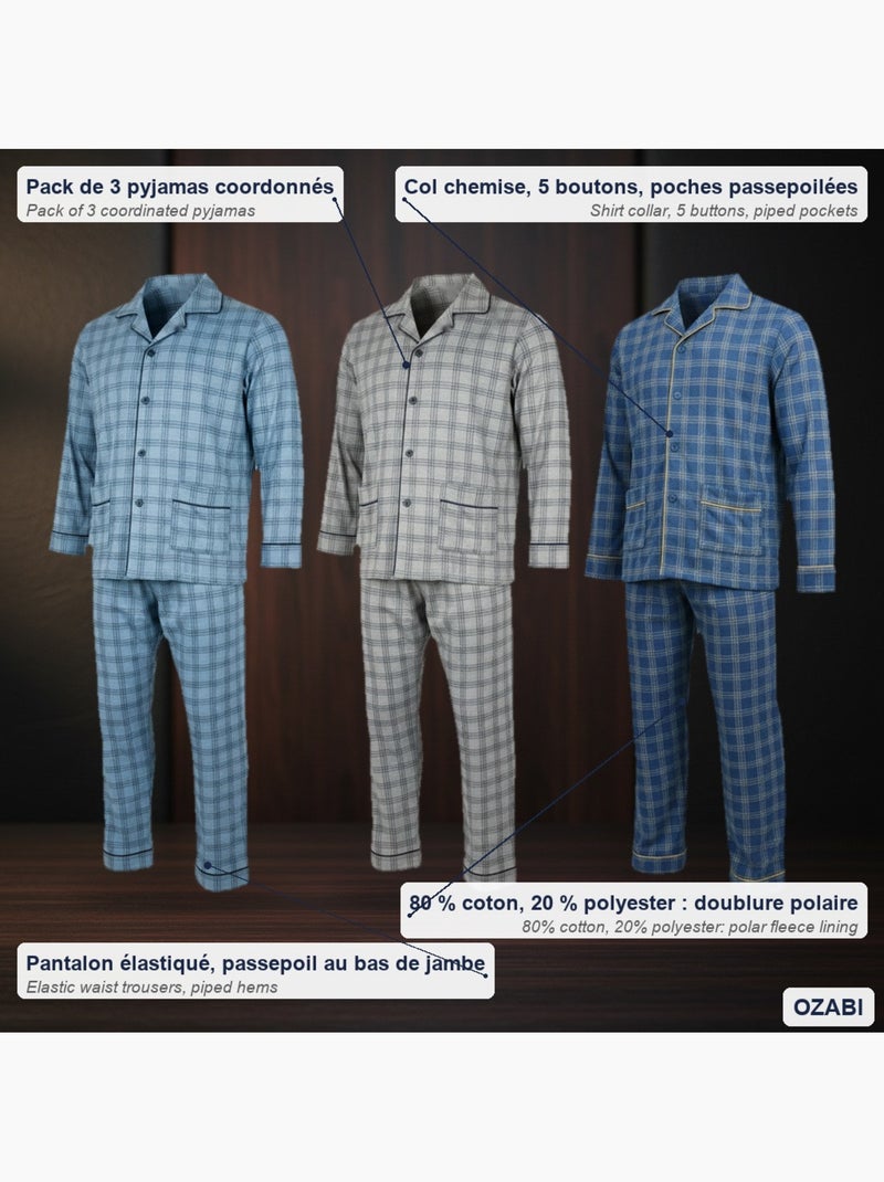 Ozabi pyjama homme boutonné pack de 3, coton doublé polaire, manches longues Gris Bleu - Kiabi