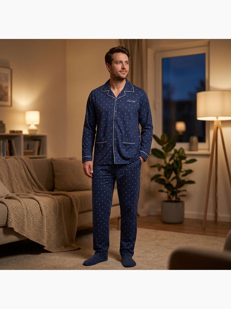OZABI Pyjama Homme Long Boutonne Col Chemise Ultra Doux Bleu - Kiabi
