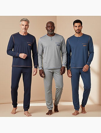 Ozabi pyjama homme long pack de 3, coton doublé polaire, col boutonné