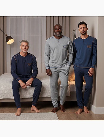 Ozabi pyjama homme long pack de 3, coton doublé polaire, col boutonné