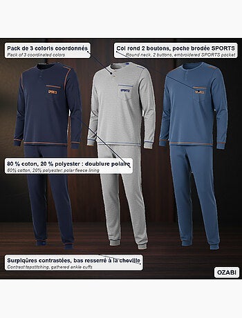Ozabi pyjama homme long pack de 3, coton doublé polaire, col boutonné