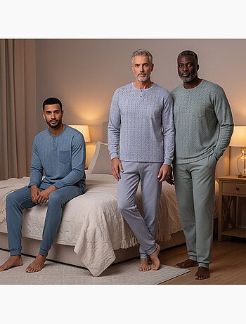 Ozabi pyjama homme long pack de 3, coton doublé polaire, col boutonné