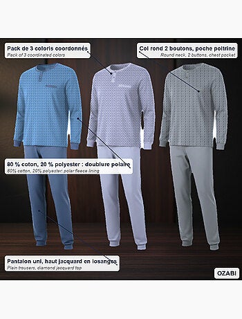 Ozabi pyjama homme long pack de 3, coton doublé polaire, col boutonné