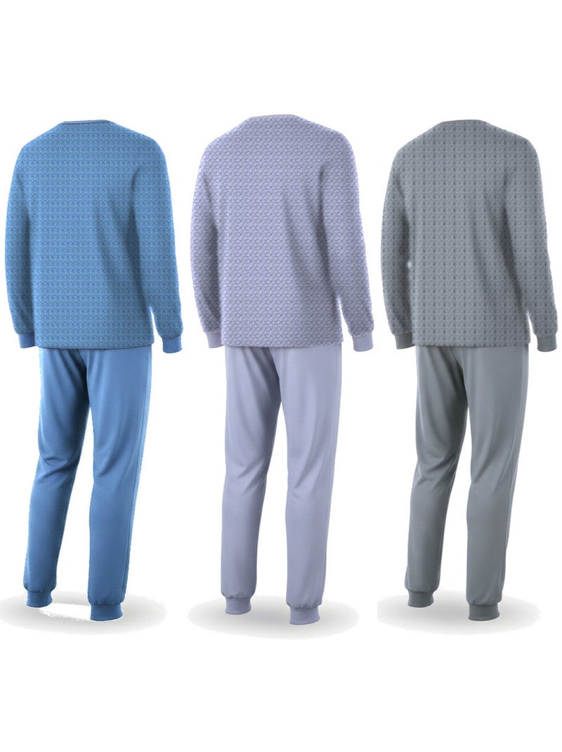 Ozabi pyjama homme long pack de 3, coton doublé polaire, col boutonné Gris Vert Bleu - Kiabi