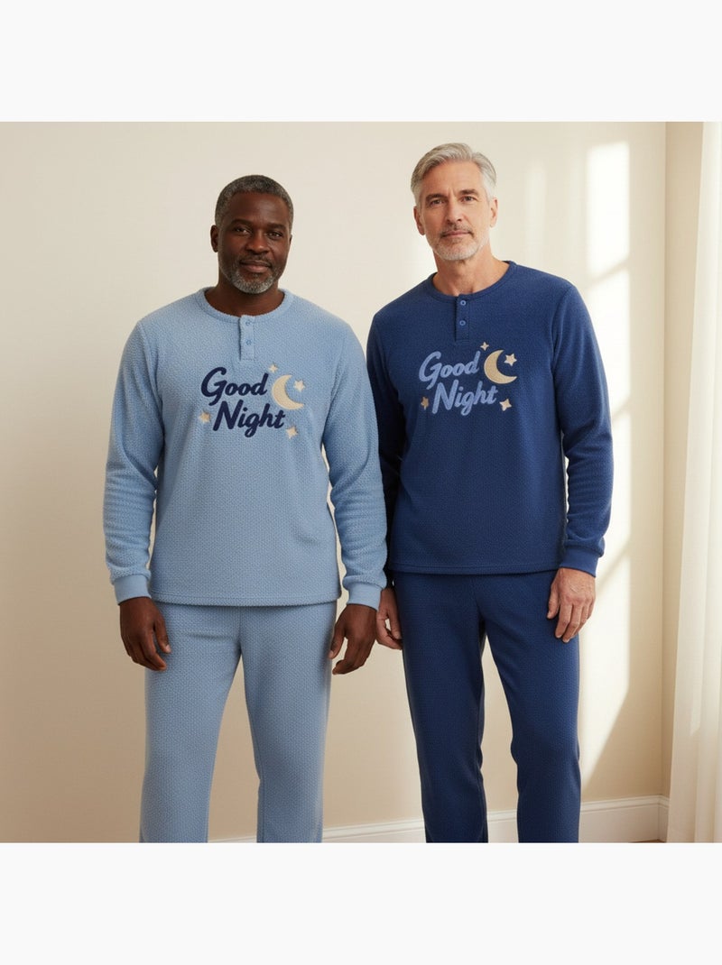 Ozabi pyjama homme pack de 2, polaire douce et moelleuse, broderie Bleu Bleu ciel - Kiabi
