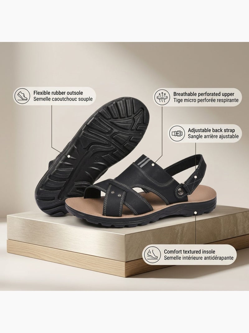 OZABI Sandales Homme Confort Semelle Souple Antiderapante Scratch Noir - Kiabi