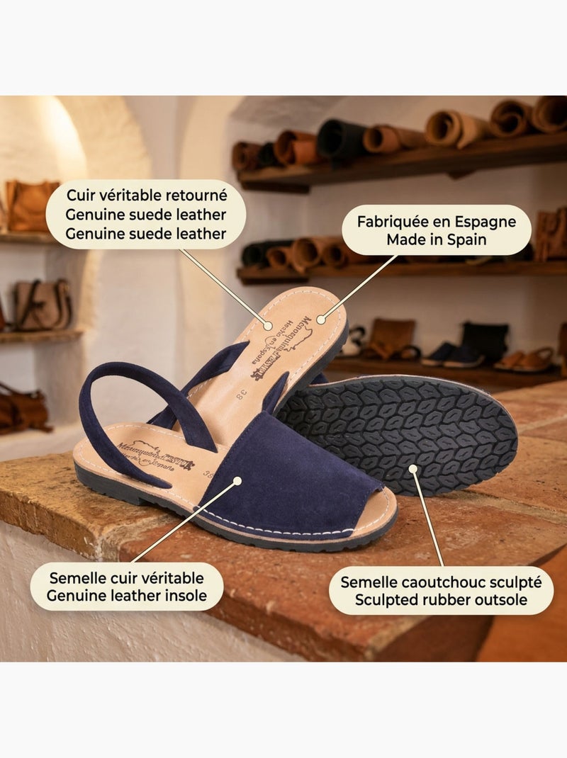 Ozabi sandales menorquines cuir véritable espagne Bleu marine - Kiabi