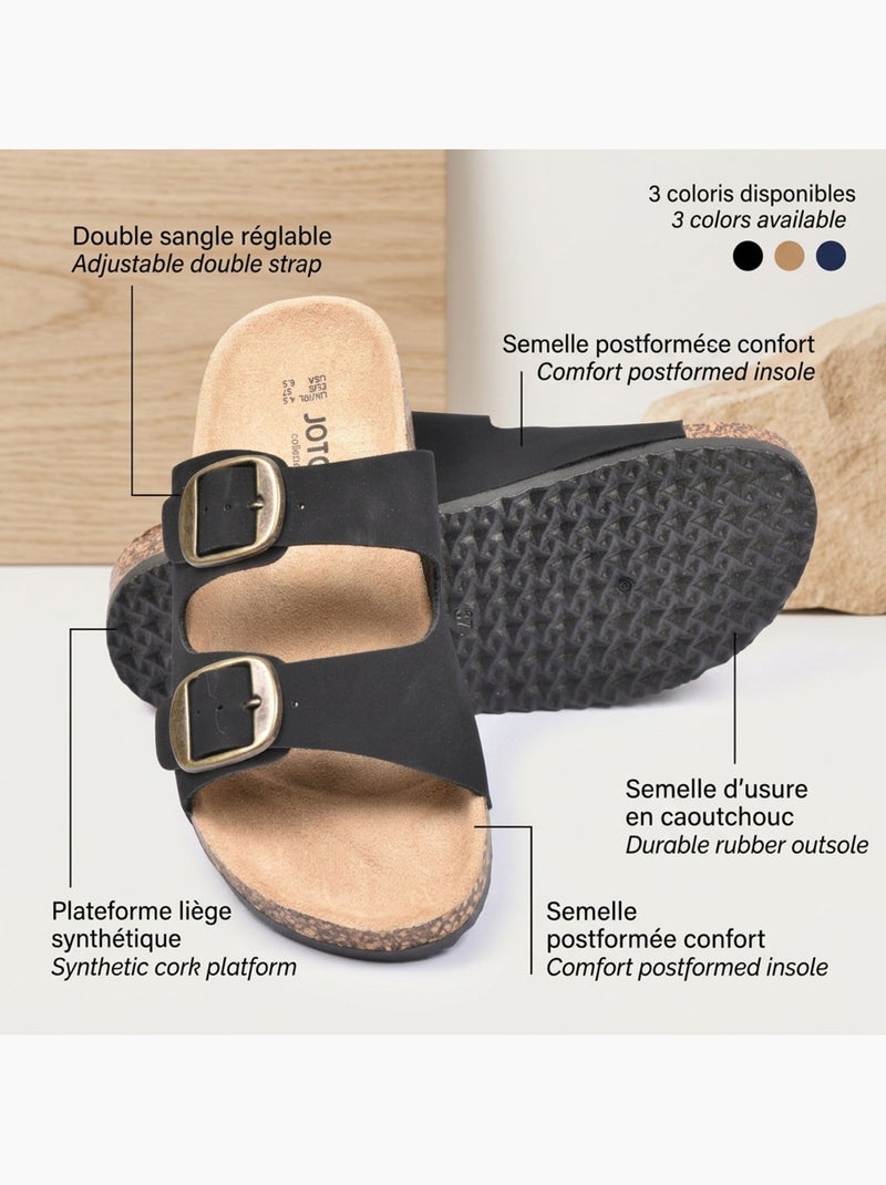 OZABI Sandales Mule 2 Boucles Nubuck Noir Beige Camel Noir - Kiabi