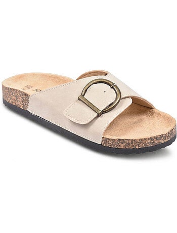 OZABI Sandales Mule Boucle Ronde Nubuck Noir Beige