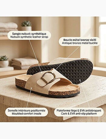 OZABI Sandales Mule Boucle Ronde Nubuck Noir Beige
