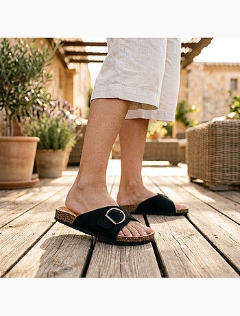 OZABI Sandales Mule Boucle Ronde Nubuck Noir Beige