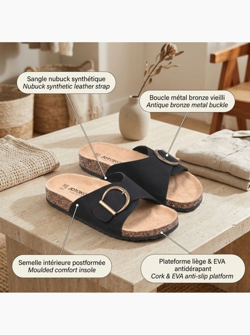 OZABI Sandales Mule Boucle Ronde Nubuck Noir Beige - Kiabi OZABI Sandales Mule Boucle Ronde Nubuck Noir Beige - Kiabi