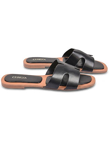 OZABI Sandales Slide H-Strap Cuir Synthétique Or Noir