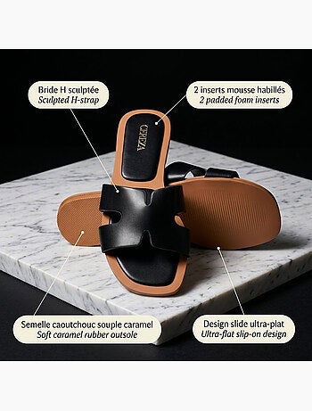 OZABI Sandales Slide H-Strap Cuir Synthétique Or Noir