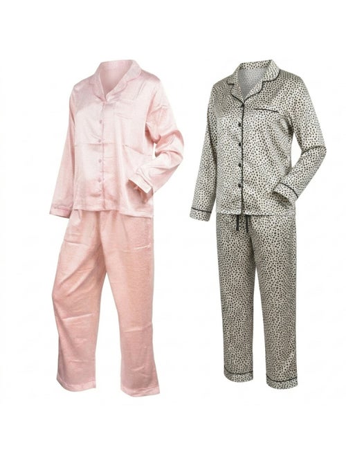 OZABI Set 2 Dames Pyjama's Lang Satijn Print Kraag Overhemd - Kiabi OZABI Set 2 Dames Pyjama's Lang Satijn Print Kraag Overhemd - Kiabi