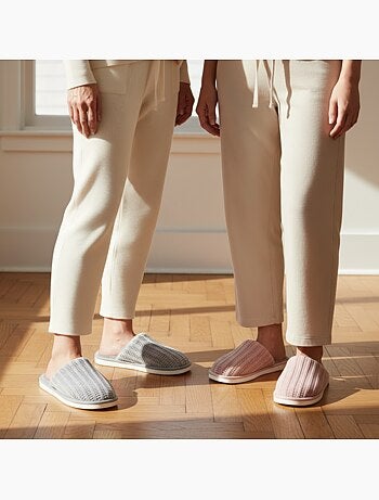 OZABI Set 2 Paar Dames Muiltjes Geribde Tricot Platte Dikke Zool