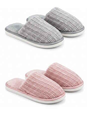 OZABI Set 2 Paar Dames Muiltjes Geribde Tricot Platte Dikke Zool