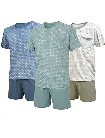 OZABI Set 3 Heren Pyjama's Katoen, Korte Mouwen, Kraag met Knoop