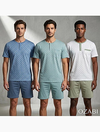 OZABI Set 3 Heren Pyjama's Katoen, Korte Mouwen, Kraag met Knoop