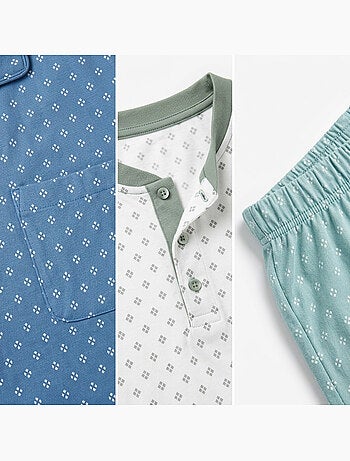 OZABI Set 3 Heren Pyjama's Katoen, Korte Mouwen, Kraag met Knoop