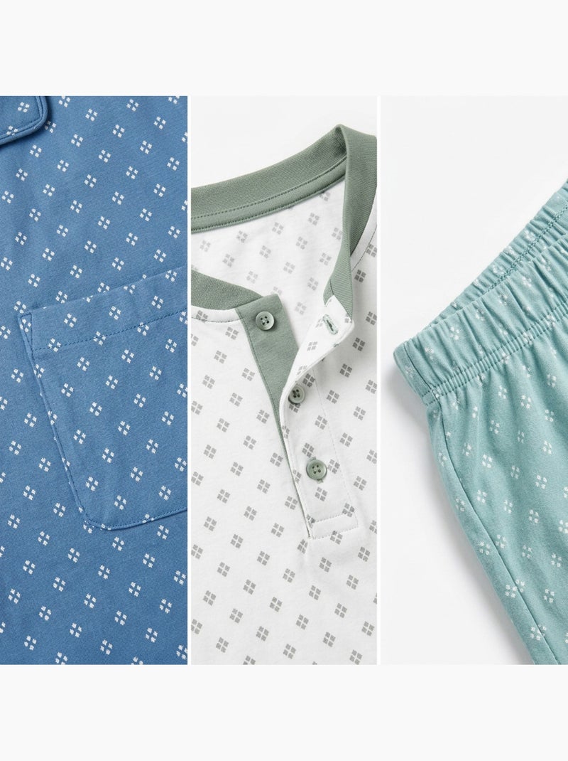 OZABI Set 3 Heren Pyjama's Katoen, Korte Mouwen, Kraag met Knoop Beige - Kiabi