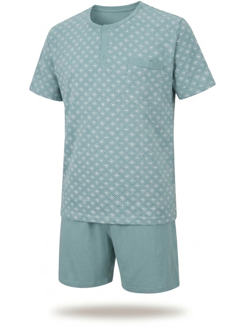 OZABI Set 3 Heren Pyjama's Katoen, Korte Mouwen, Kraag met Knoop Beige - Kiabi