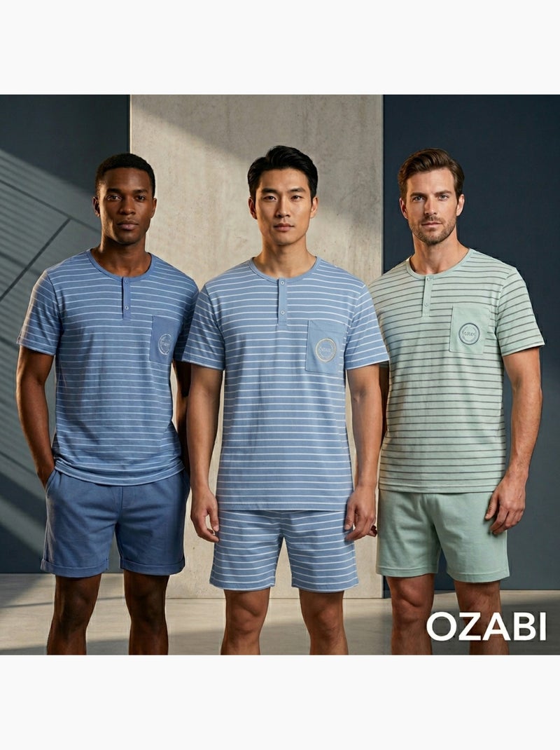 OZABI Set 3 Heren Pyjama's Katoen, Korte Mouwen, Kraag met Knoop Blauw Groen - Kiabi
