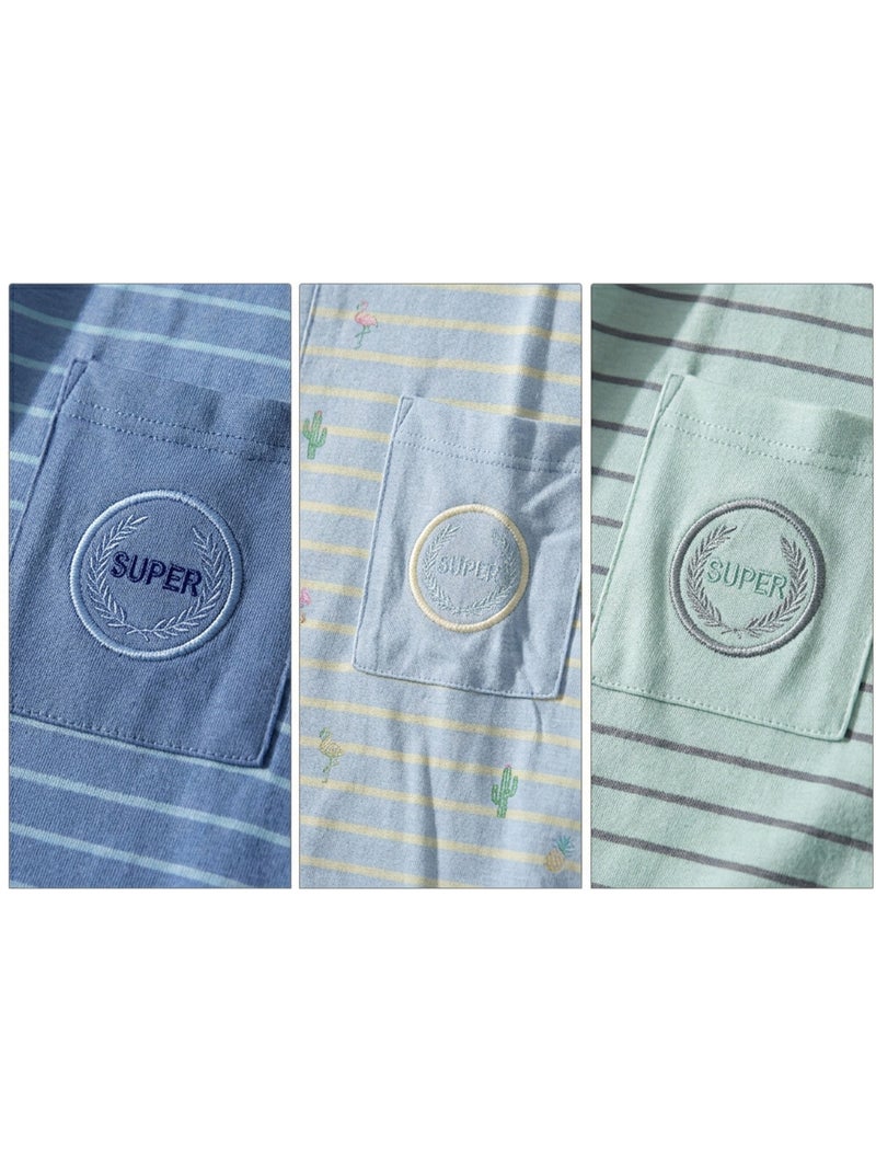 OZABI Set 3 Heren Pyjama's Katoen, Korte Mouwen, Kraag met Knoop Blauw Groen - Kiabi