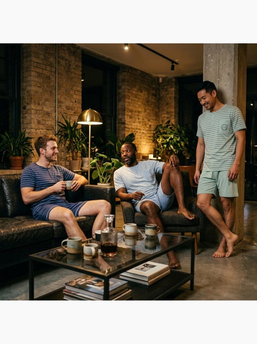 OZABI Set 3 Heren Pyjama's Katoen, Korte Mouwen, Kraag met Knoop - Kiabi OZABI Set 3 Heren Pyjama's Katoen, Korte Mouwen, Kraag met Knoop - Kiabi