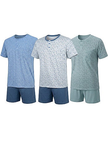 OZABI Set 3 Heren Pyjama's Katoen, Korte Mouwen, Kraag met Knoop
