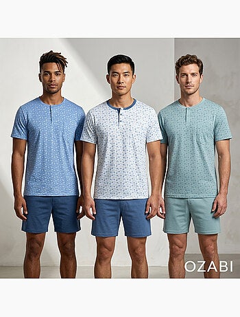 OZABI Set 3 Heren Pyjama's Katoen, Korte Mouwen, Kraag met Knoop