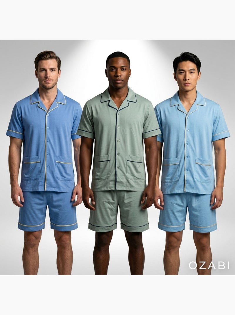 OZABI Set 3 Heren Pyjama's Katoen Overhemdkraag Blauwgrijs - Kiabi