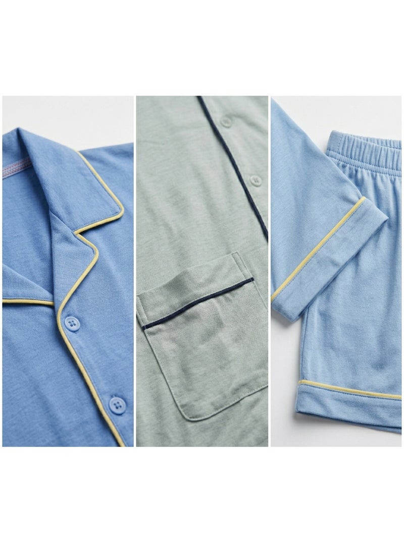 OZABI Set 3 Heren Pyjama's Katoen Overhemdkraag Blauwgrijs - Kiabi