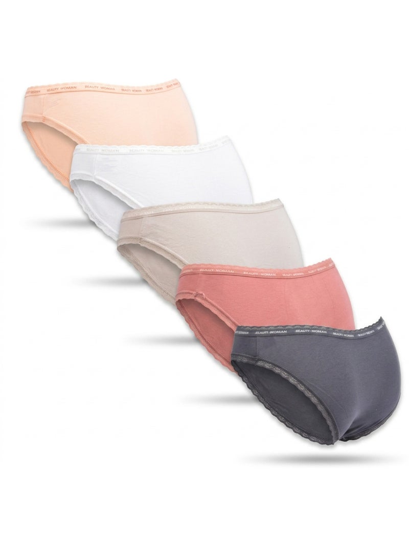 OZABI Set 5 Dames Slips Katoen Mini Kant Strik Satijn Roze/Multicolor - Kiabi