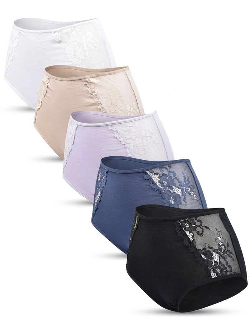 OZABI Set dames slips katoen met kant – Set van 5 Wit Multikleur Zwart - Kiabi