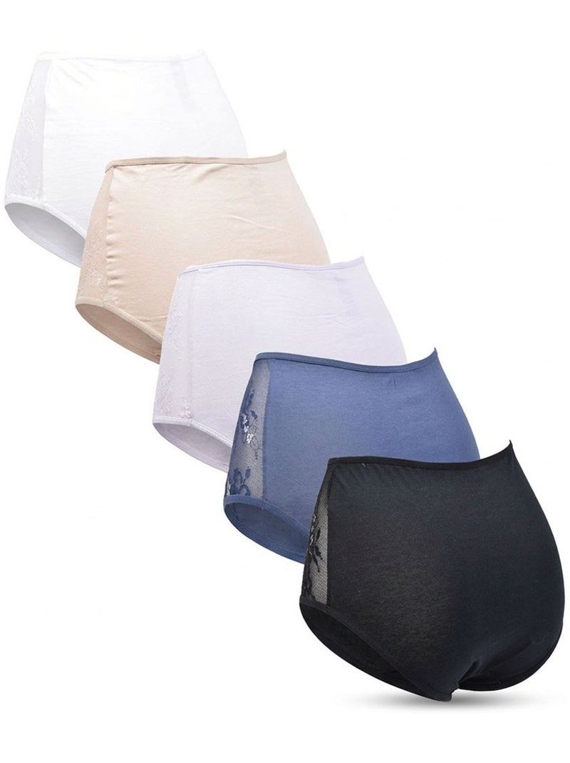 OZABI Set dames slips katoen met kant – Set van 5 Wit Multikleur Zwart - Kiabi