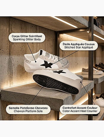 OZABI Sneakers Glitter Étoile Femme Plateforme Argent Or