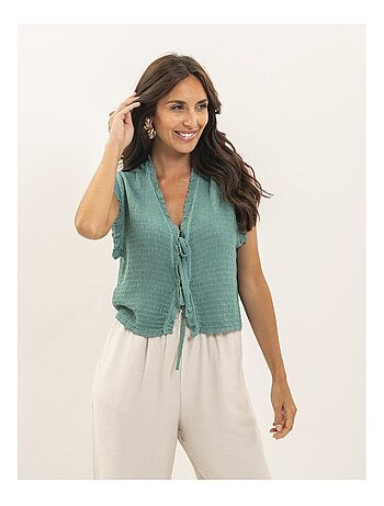 Ozakia mouwloze blouse met smockwerk