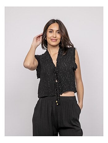 Ozakia mouwloze blouse met smockwerk