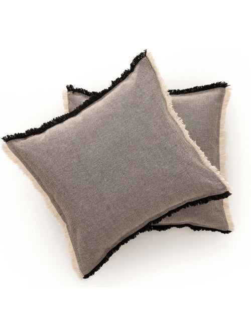 Pack de deux housses de coussin unies en tissu texturé en relief, avec franges -  Gamusi. - Kiabi