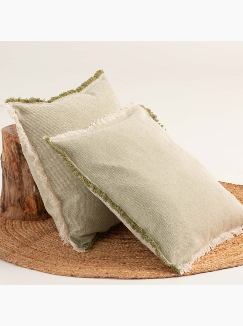 Pack de deux housses de coussin unies en tissu texturé en relief, avec franges -  Gamusi. Vert - Kiabi