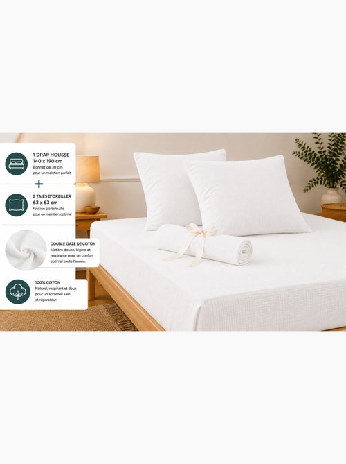 Pack drap housse + 2 taies d’oreiller double gaze de coton gaïa - Kiabi Pack drap housse + 2 taies d’oreiller double gaze de coton gaïa - Kiabi