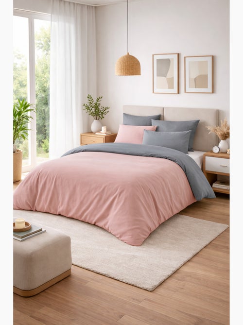 Pack harmonie 6 pièces rose & gris– coton 57 fils – housse 240x220 + drap housse 140x190 cm - Kiabi
