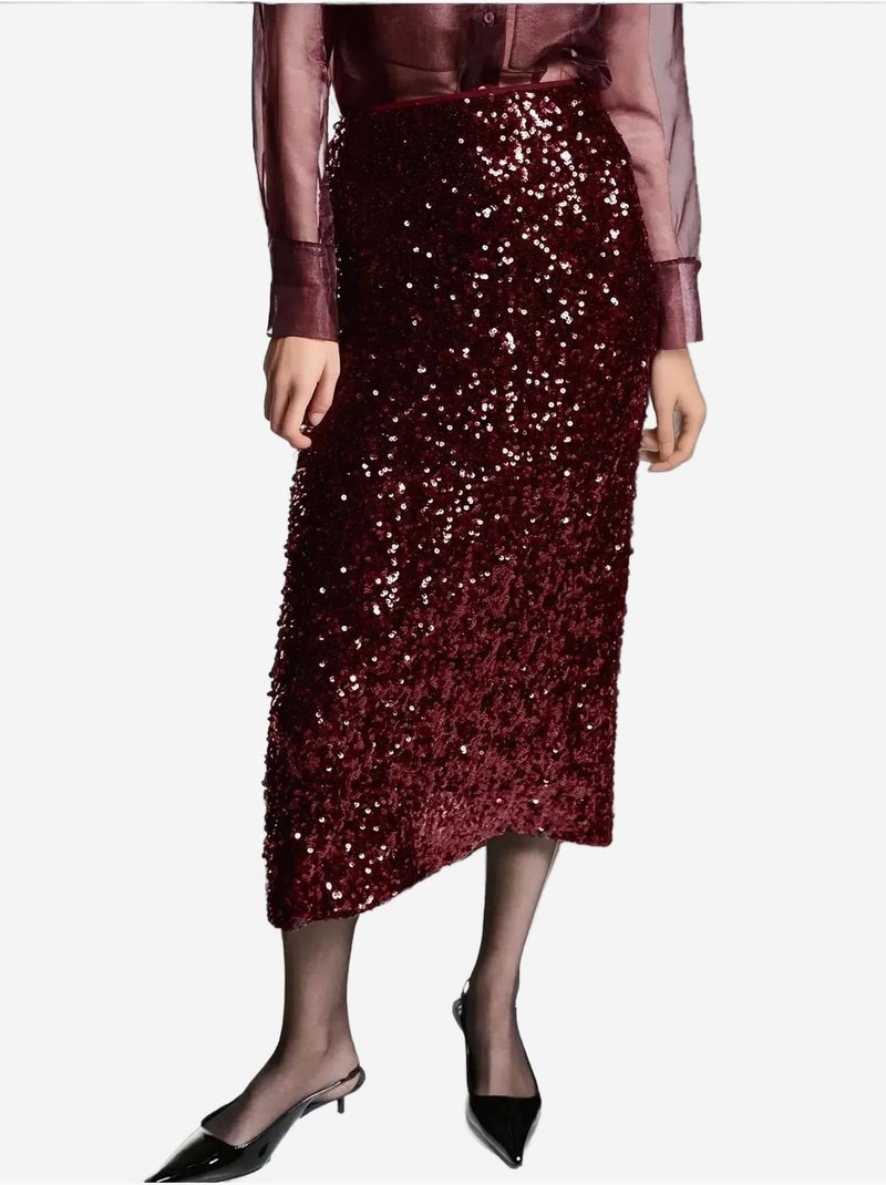 Pailletten midi-rok met split Bordeauxrood - Kiabi