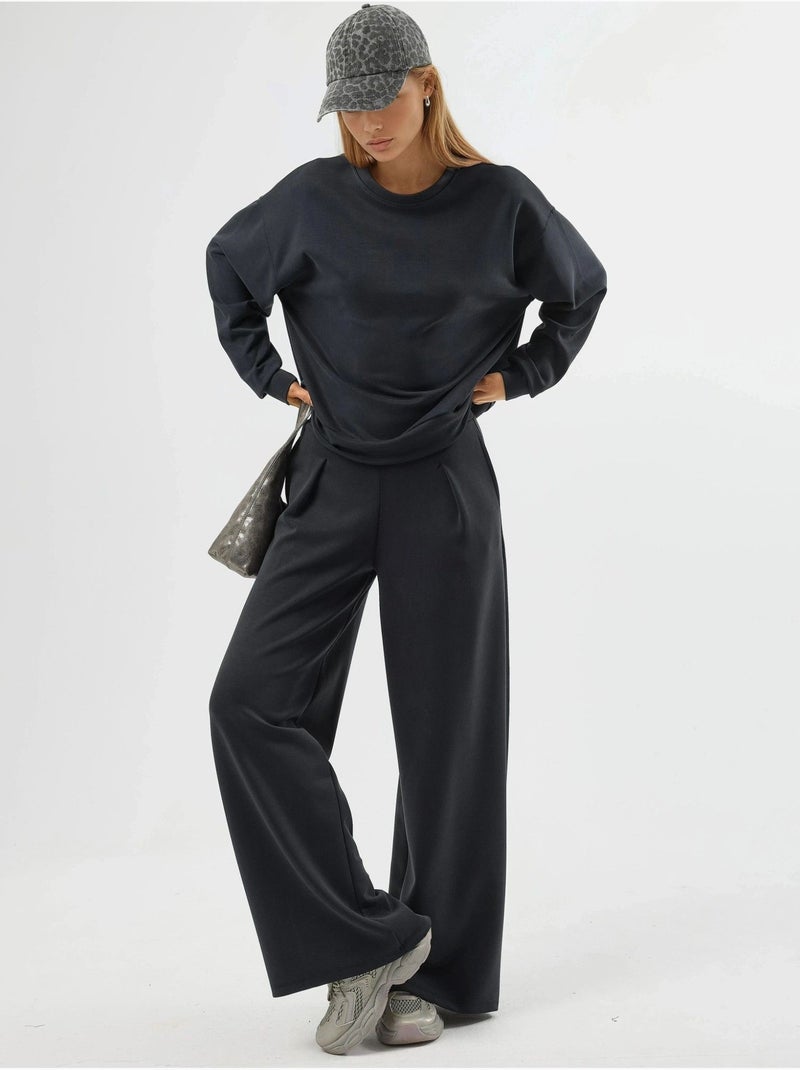 Palazzo-broek met elastische taille en plooien busem Grijs Zwart - Kiabi