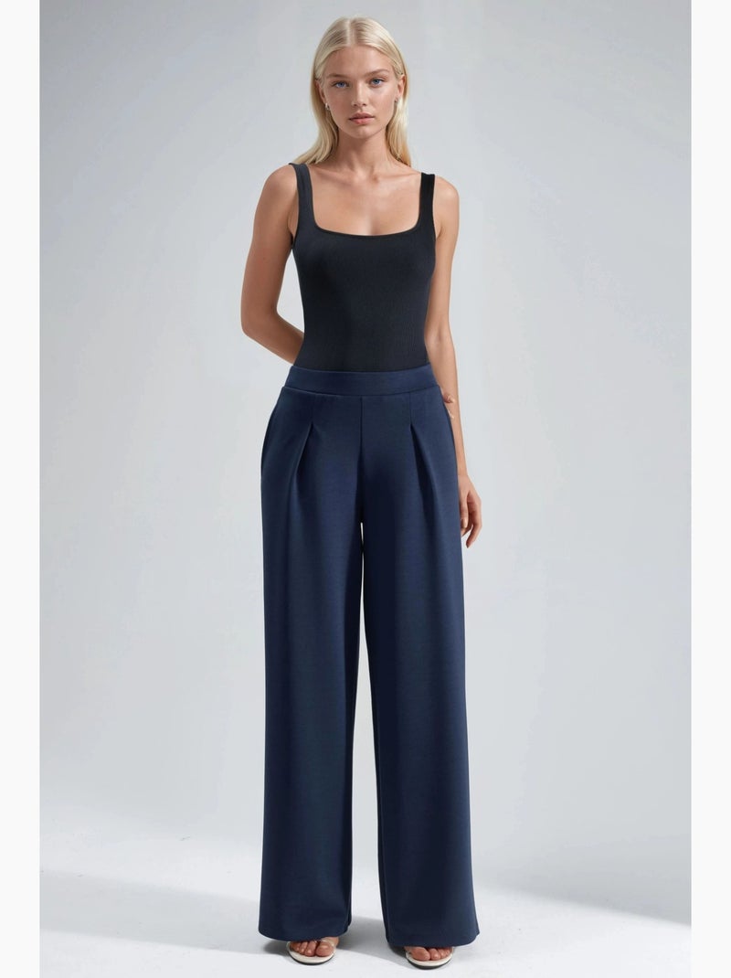 Palazzo-broek met elastische taille en plooien busem Marineblauw - Kiabi