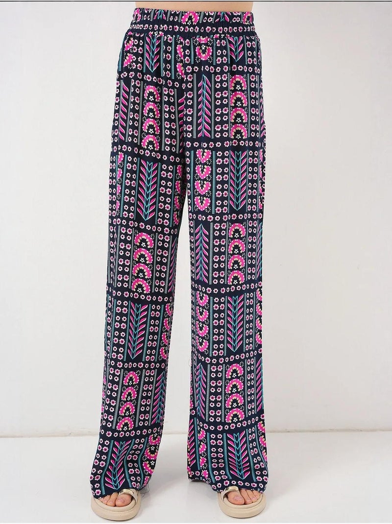 Palazzo-broek met hoge taille en geometrische strepen bdart Marineblauw - Kiabi